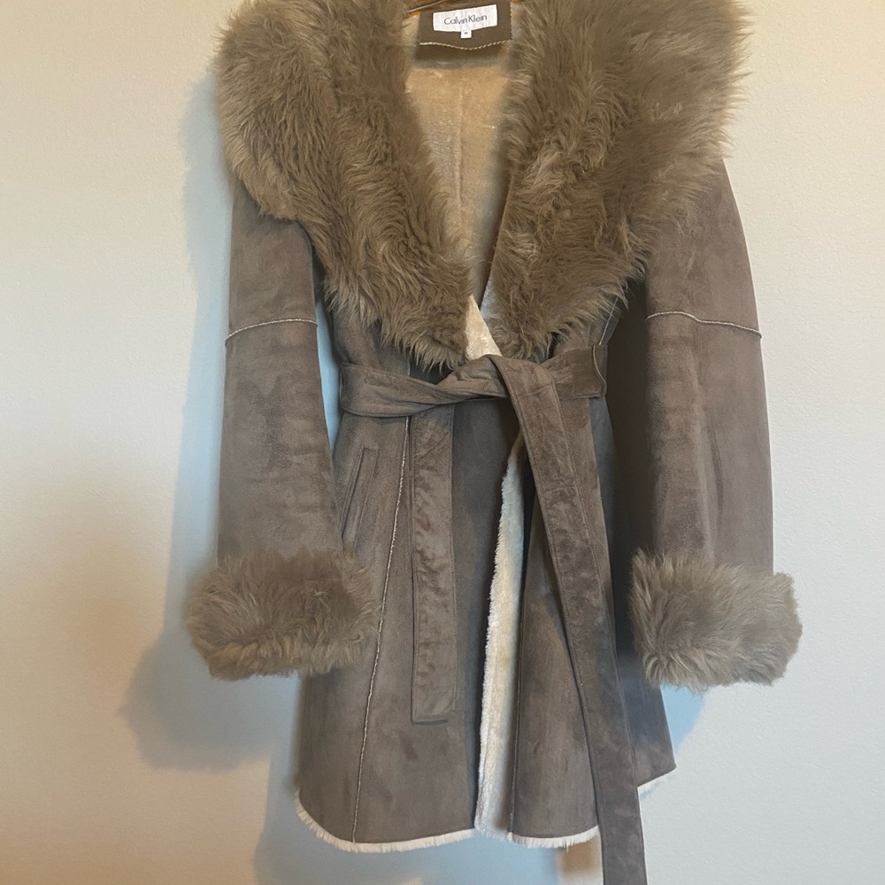 Calvin Klein Women's Taupe Teddy Jacket with Faux Fur